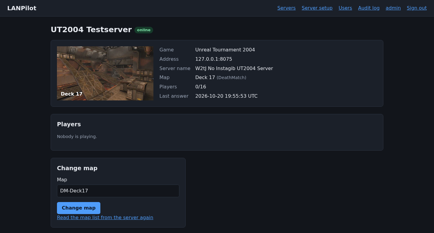 A LANPilot server page: status, map preview, players and map change